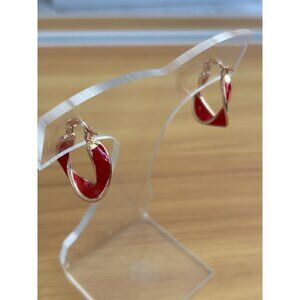 Red & Gold Tone Hoop Earrings With Twist Design